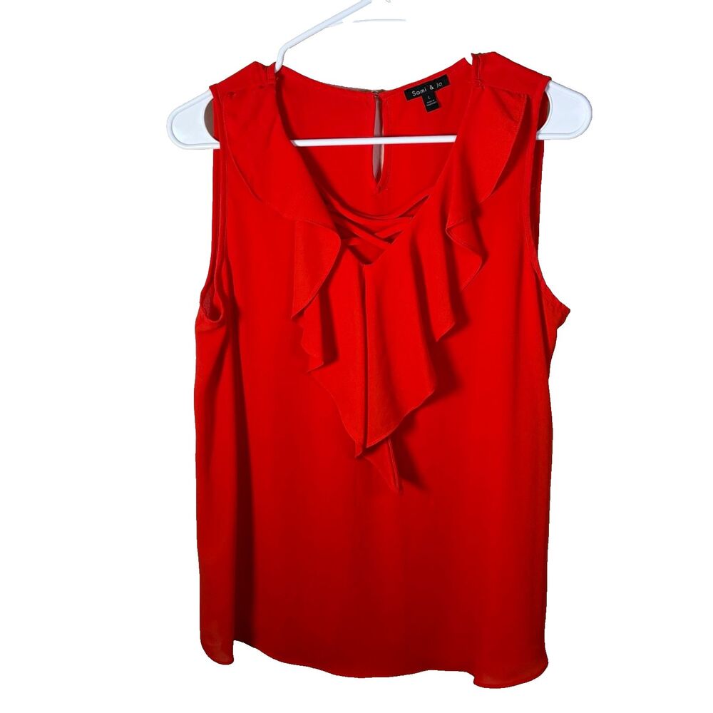 Sami & Jo Tank Top Women's Large V-Neck Cage Ruffle Sleeveless Red Shirt